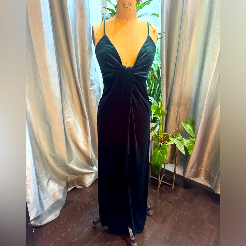 Rich, dark green stretch velour maxi dress with drape  detail at bust,  S, NWT